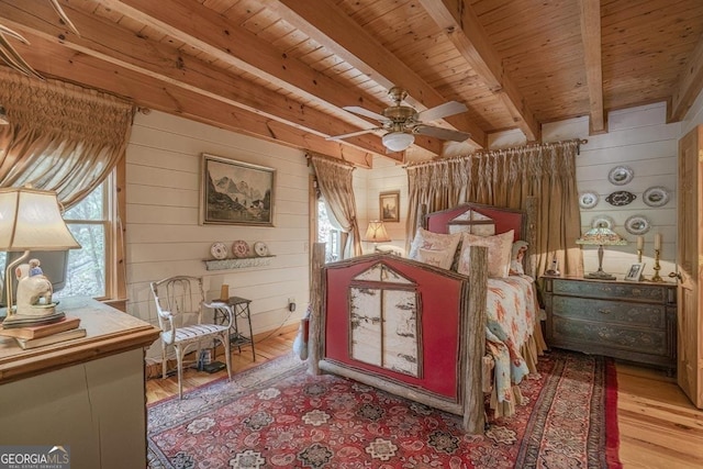 bedroom with wooden ceiling, wood walls, beam ceiling, and wood finished floors