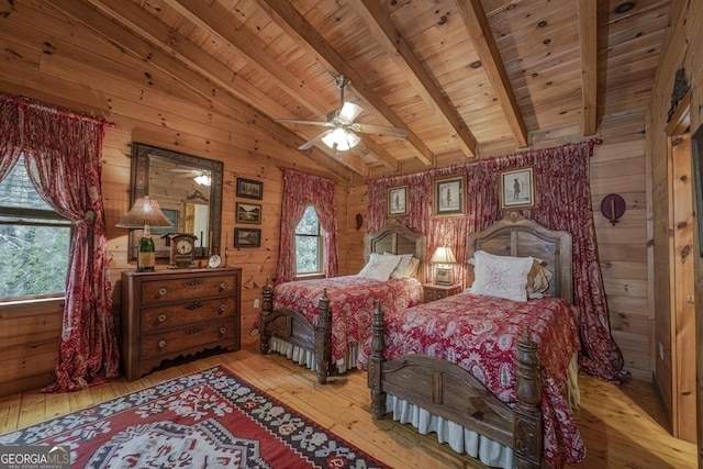 bedroom with wood walls, hardwood / wood-style floors, a ceiling fan, vaulted ceiling with beams, and wood ceiling