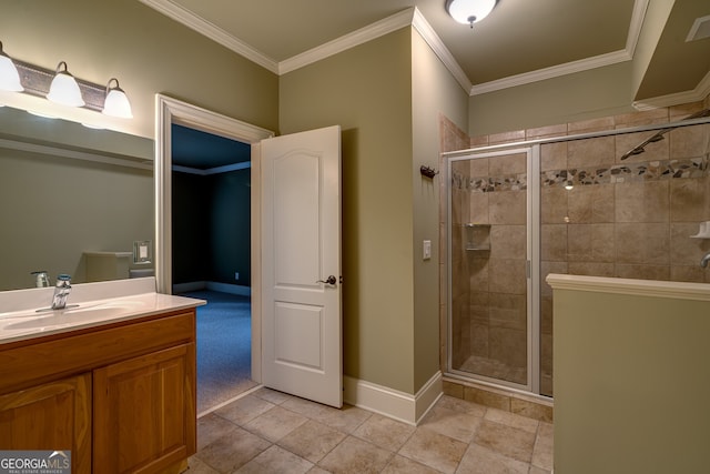full bath with baseboards, ornamental molding, visible vents, a shower stall, and vanity
