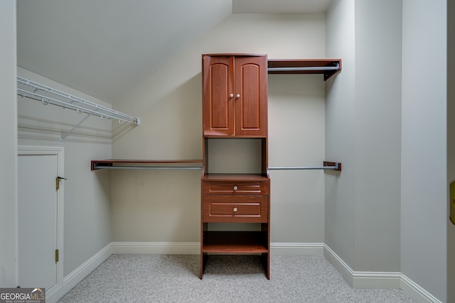 spacious closet featuring lofted ceiling and carpet