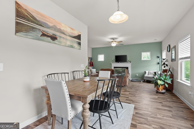 dining room with baseboards, ceiling fan, a fireplace, and wood finished floors