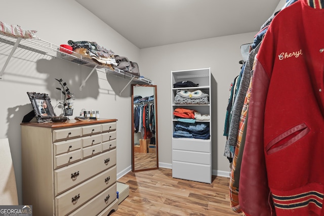 walk in closet with light wood finished floors