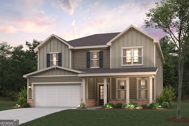 view of front facade featuring brick siding, a garage, board and batten siding, concrete driveway, and a lawn