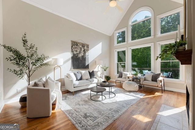 12892 Waterside Dr, Milton, GA 30004 - living area featuring baseboards, ceiling fan, wood finished floors, and high vaulted ceiling