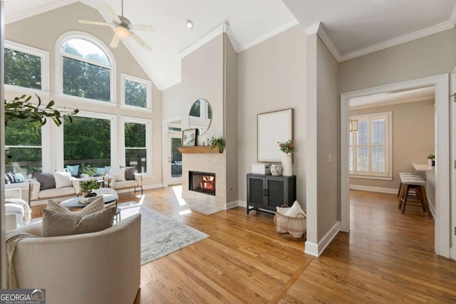 12892 Waterside Dr, Milton, GA 30004 - living area featuring crown molding, baseboards, light wood-type flooring, a tiled fireplace, and a ceiling fan