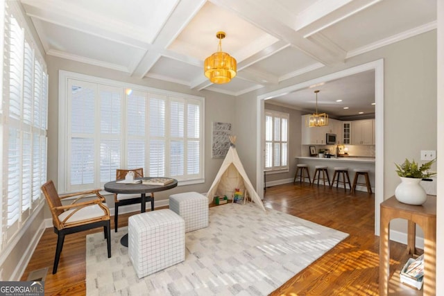 12892 Waterside Dr, Milton, GA 30004 - game room featuring a chandelier, coffered ceiling, beam ceiling, wood finished floors, and ornamental molding