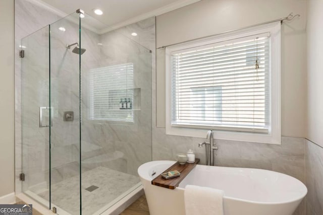 12892 Waterside Dr, Milton, GA 30004 - bathroom with plenty of natural light, a marble finish shower, and a soaking tub