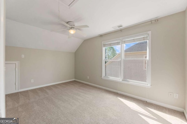 12892 Waterside Dr, Milton, GA 30004 - bonus room featuring visible vents, carpet, a ceiling fan, baseboards, and vaulted ceiling