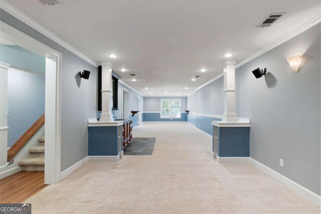 12892 Waterside Dr, Milton, GA 30004 - interior space with crown molding, light carpet, decorative columns, and recessed lighting