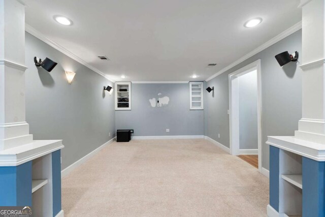 12892 Waterside Dr, Milton, GA 30004 - home theater room with ornamental molding, recessed lighting, and light colored carpet