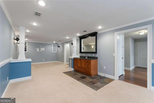 12892 Waterside Dr, Milton, GA 30004 - bar with crown molding, visible vents, dark colored carpet, baseboards, and recessed lighting