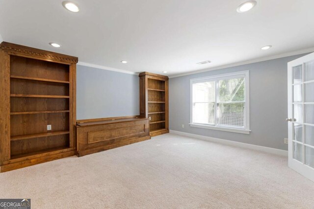 12892 Waterside Dr, Milton, GA 30004 - unfurnished living room with baseboards, ornamental molding, carpet flooring, and recessed lighting