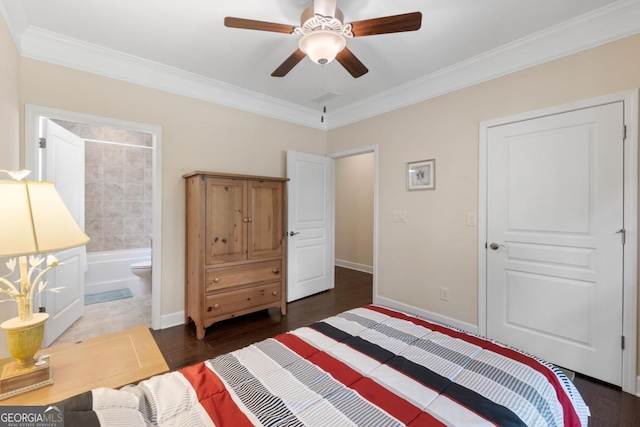 bedroom with crown molding, a ceiling fan, baseboards, and dark wood-style floors