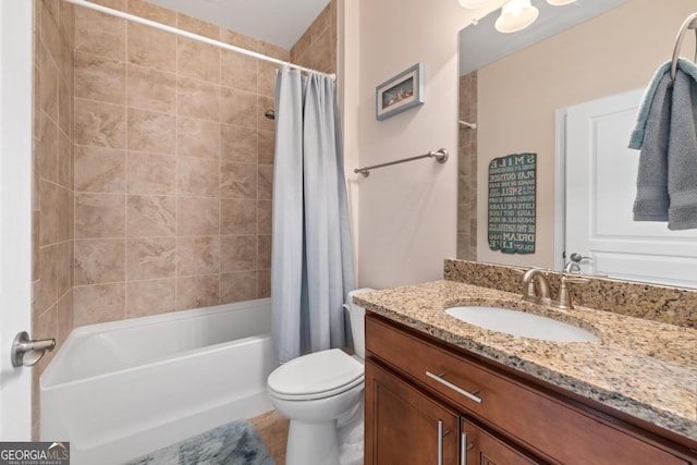 full bathroom with vanity, shower / bathtub combination with curtain, and toilet