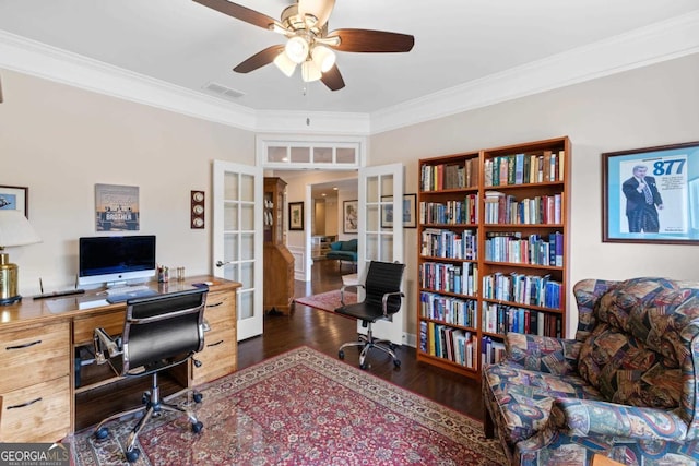 office featuring ceiling fan, french doors, visible vents, crown molding, and wood finished floors