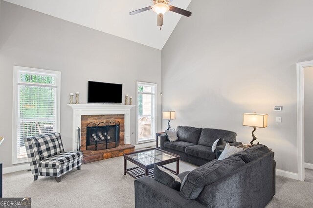68 Timber Creek Estates Dr, Sharpsburg, GA 30277 - living area with carpet floors, high vaulted ceiling, a ceiling fan, baseboards, and a wealth of natural light