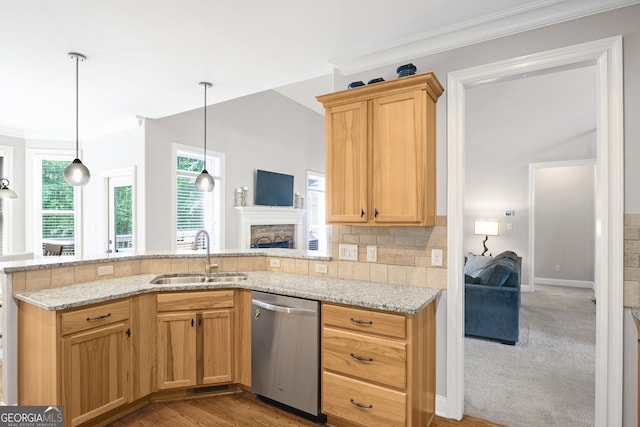 68 Timber Creek Estates Dr, Sharpsburg, GA 30277 - kitchen featuring a sink, crown molding, stainless steel dishwasher, and light stone countertops