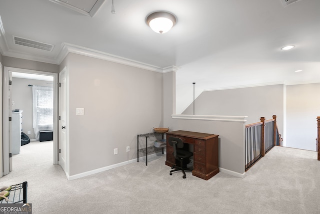 68 Timber Creek Estates Dr, Sharpsburg, GA 30277 - carpeted home office with crown molding, baseboards, attic access, and visible vents