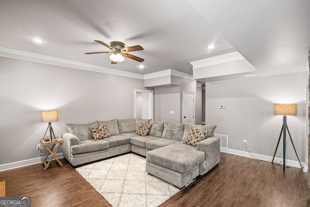 68 Timber Creek Estates Dr, Sharpsburg, GA 30277 - living room with crown molding, baseboards, a ceiling fan, and visible vents
