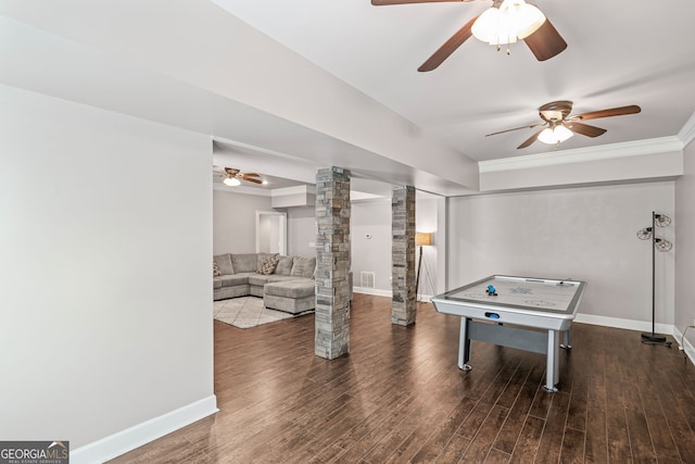 68 Timber Creek Estates Dr, Sharpsburg, GA 30277 - recreation room featuring ceiling fan, ornamental molding, and decorative columns