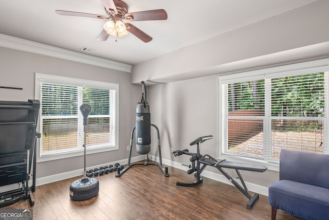 68 Timber Creek Estates Dr, Sharpsburg, GA 30277 - exercise area with visible vents, dark wood-type flooring, baseboards, and ceiling fan