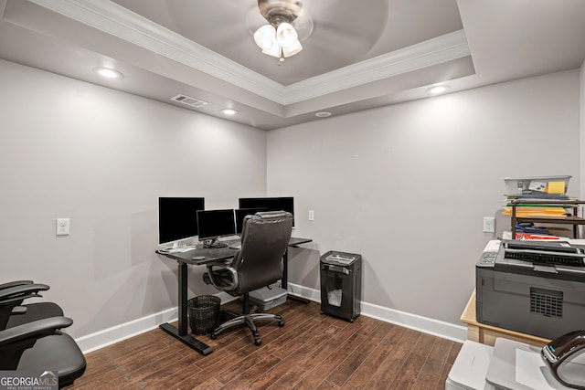 68 Timber Creek Estates Dr, Sharpsburg, GA 30277 - home office featuring crown molding, baseboards, visible vents, and dark wood-type flooring
