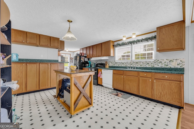 187 New Hope Rd, Canon, GA 30520 - kitchen with white dishwasher, hanging light fixtures, a sink, a textured ceiling, and electric stove
