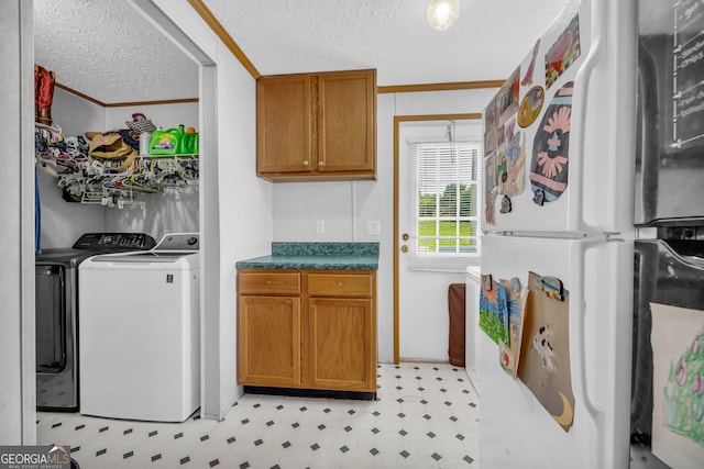 187 New Hope Rd, Canon, GA 30520 - laundry area with light floors, ornamental molding, a textured ceiling, and washer and clothes dryer