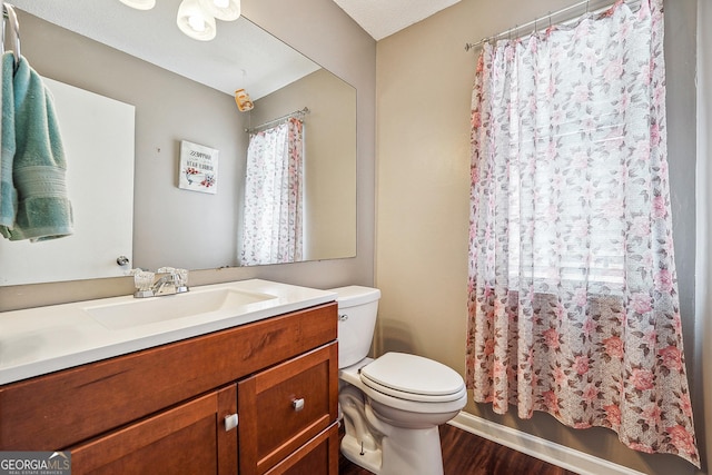 5022 Audubon Pl, Norcross, GA 30093 - full bath featuring vanity, toilet, wood finished floors, and a shower with shower curtain