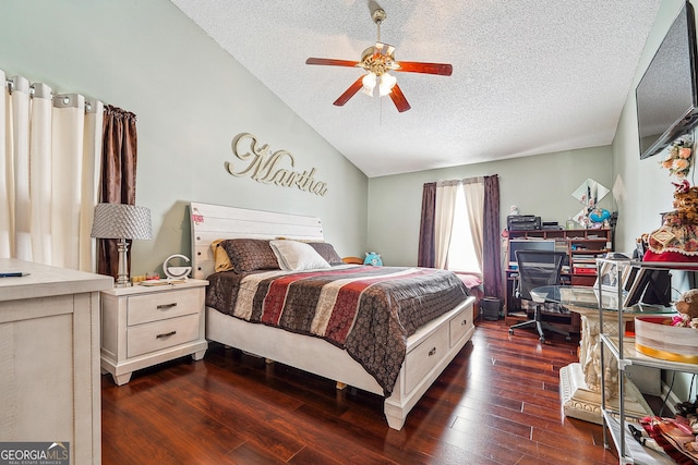 5022 Audubon Pl, Norcross, GA 30093 - bedroom with a ceiling fan, a textured ceiling, lofted ceiling, and dark wood finished floors