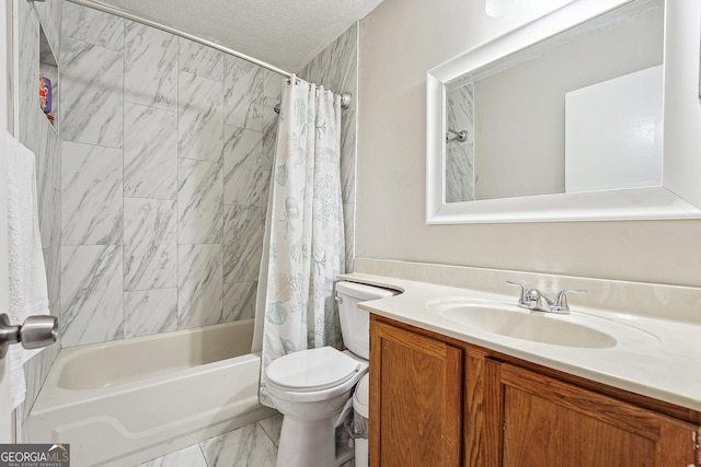5022 Audubon Pl, Norcross, GA 30093 - bathroom with a textured ceiling, shower / bath combo, vanity, toilet, and marble finish floor
