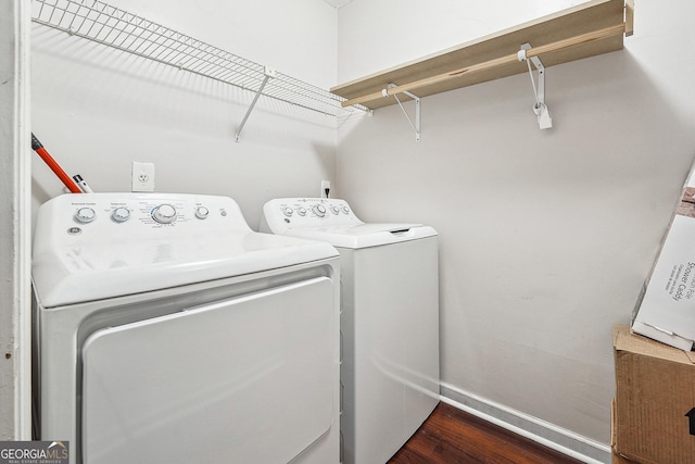 5022 Audubon Pl, Norcross, GA 30093 - clothes washing area featuring baseboards, washer and clothes dryer, and dark wood-style flooring