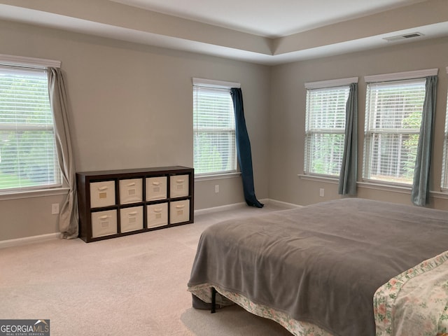 carpeted bedroom with visible vents, baseboards, and multiple windows