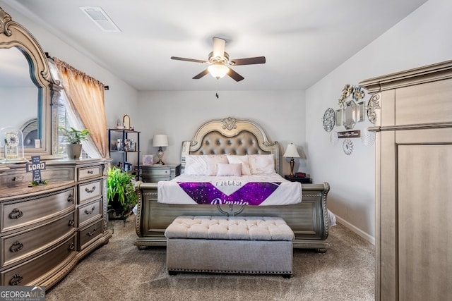 400 Toronto Cir, Hampton, GA 30228 - bedroom with visible vents, a ceiling fan, and dark colored carpet