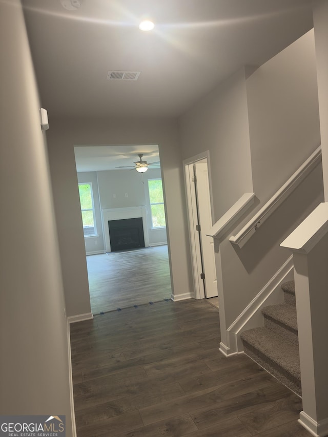 1155 Park Center Cir NW, Austell, GA 30168 - hallway with stairs, recessed lighting, baseboards, dark wood-type flooring, and visible vents