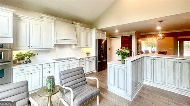 kitchen featuring appliances with stainless steel finishes, vaulted ceiling, a barn door, light countertops, and custom range hood