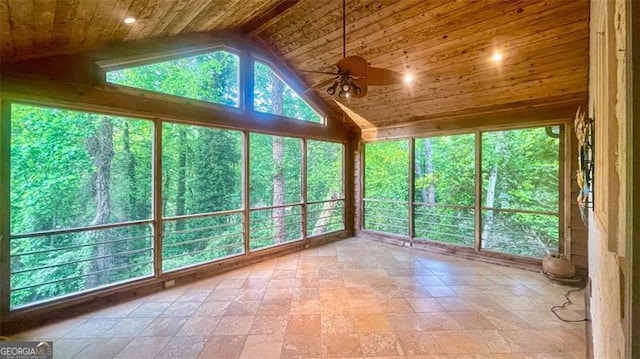 unfurnished sunroom featuring high vaulted ceiling and wooden ceiling