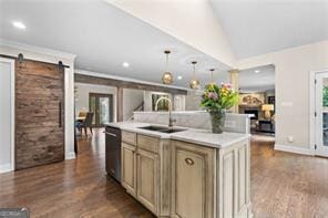 8190 Old Mill Dr, Gainesville, GA 30506 - kitchen featuring stainless steel dishwasher, a sink, a barn door, dark wood-style flooring, and recessed lighting
