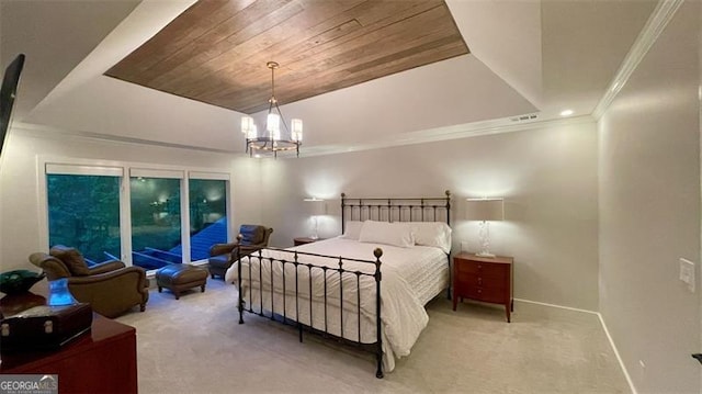 carpeted bedroom featuring wooden ceiling, baseboards, a chandelier, ornamental molding, and a tray ceiling