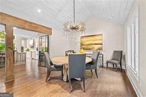 8190 Old Mill Dr, Gainesville, GA 30506 - dining room with wood finished floors, a chandelier, and lofted ceiling