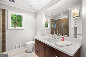 8190 Old Mill Dr, Gainesville, GA 30506 - full bath featuring ornamental molding, a tile shower, baseboards, vanity, and toilet