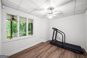 8190 Old Mill Dr, Gainesville, GA 30506 - workout area featuring baseboards, a paneled ceiling, wood finished floors, and ceiling fan