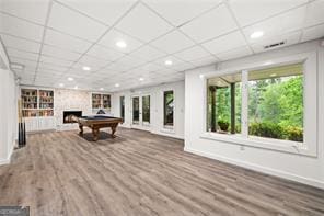 8190 Old Mill Dr, Gainesville, GA 30506 - playroom with baseboards, billiards, wood finished floors, a fireplace, and recessed lighting