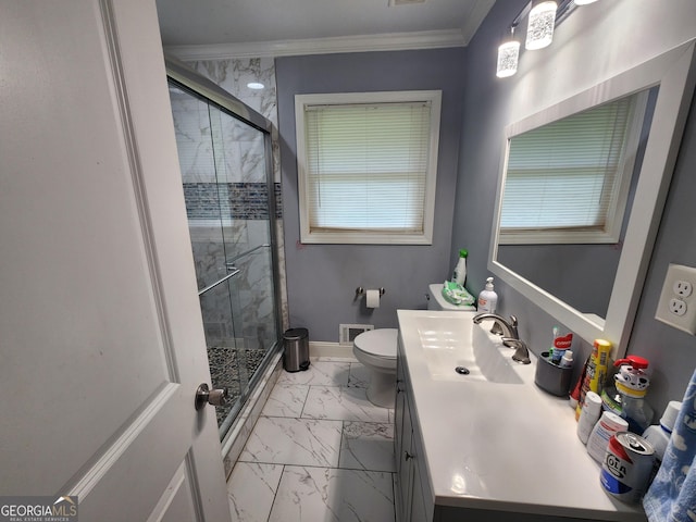 full bath with visible vents, ornamental molding, marble finish floor, and a stall shower