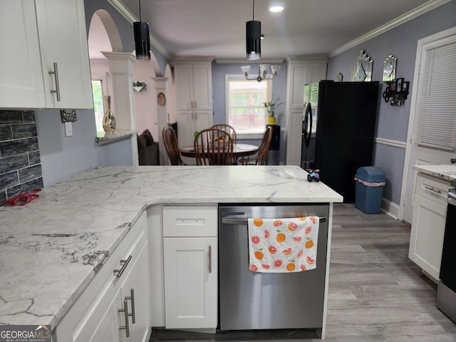 kitchen with crown molding, dishwasher, white cabinets, freestanding refrigerator, and a peninsula