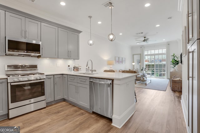 kitchen with appliances with stainless steel finishes, gray cabinets, a sink, crown molding, and recessed lighting