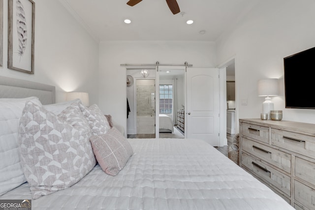 bedroom with ornamental molding, recessed lighting, and ceiling fan