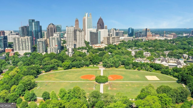 drone / aerial view of a tree filled landscape and a skyline view