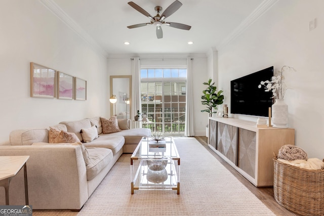 living room featuring crown molding, ceiling fan, wood finished floors, and recessed lighting