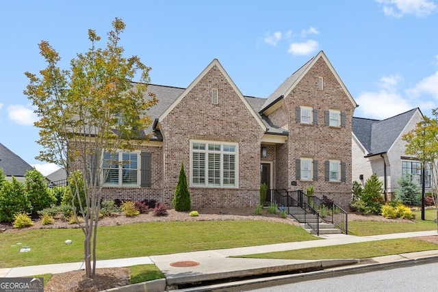 2824 Cork St, Braselton, GA 30517 - view of front of property with brick siding, a front yard, and a shingled roof